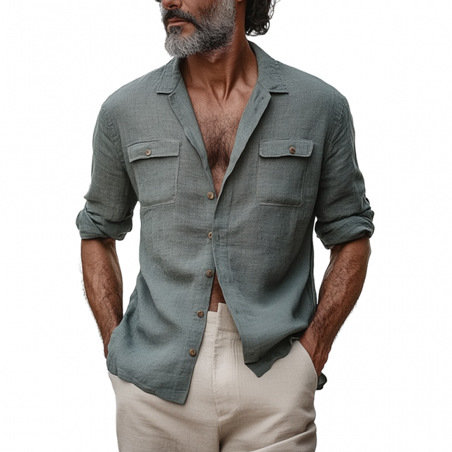 Men's Long Sleeve Shirt | Casual Slim Fit | Breathable Cotton Linen | Lapel Collar | Chest Pocket | Lightweight & Textured Fabric | Ideal for Casual Outings & Summer Events