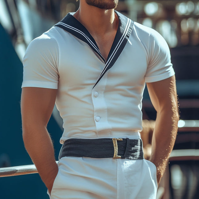 Men's Retro Casual V-Neck Striped Short Sleeve Shirt | Nautical Style | Breathable Cotton Blend | Vintage Sailor Look | Comfortable Fit | Available in S-3XL | Ideal for Summer & Casual Outings