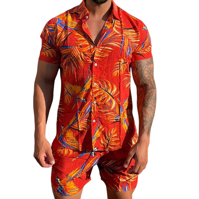 Men's Retro Hawaiian Floral Two-Piece Set | Casual Short Sleeve Shirt & Shorts | Lapel Collar | Relaxed Fit | Lightweight Breathable Fabric | Elastic Waistband | Ideal for Summer Parties & Beach Outings