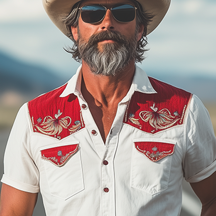 Men's Retro Western Cowboy Shirt | Cotton Linen Blend | Slim Fit | Lapel Collar | Embroidery Detail | Short Sleeves | Spring Summer Fashion | Comfort & Style | Breathable Fabric | Smart-Casual Edge