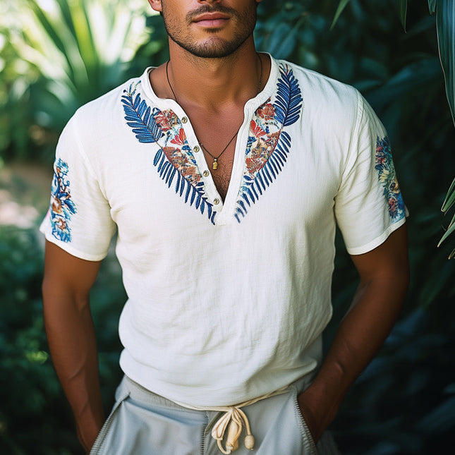 Men's V-Neck T-Shirt | Exquisite Embroidery | Short Sleeve | Soft Cotton Blend | Summer Casual Wear | Elegant Design | Breathable Fabric | Comfortable Fit | Sizes S to 3XL | Refined Detailing
