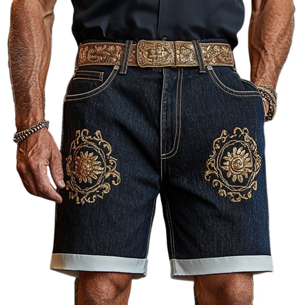 Men's Vintage-Inspired Embroidered Denim Shorts | Retro Straight-Leg Design | High-Quality Durable Fabric | Above-The-Knee Casual Fit | Perfect for Festivals & Weekend Outings | Classic Nostalgic Style
