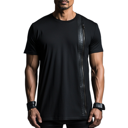 Men's Short Sleeve Zip-Up T-Shirt | Casual Cotton Leather Accents | Crew Neck | Breathable Fabric | Stylish Weekend Wear