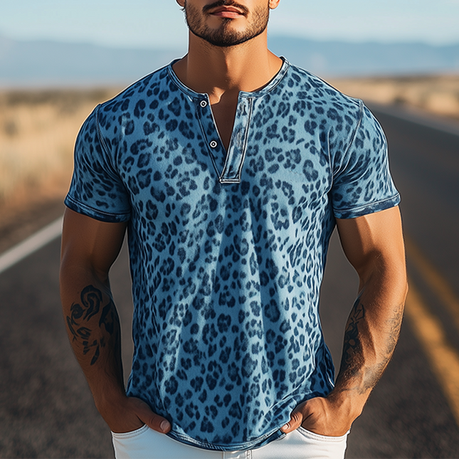Men's Leopard Print Henley T-Shirt | Cotton Blend Short Sleeve | Western Style Casual Top | Spring & Summer Wear | Fashionable Retro Design | Breathable Slim Fit | Versatile Styling with Jeans or Jackets