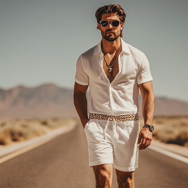 Men's Casual Jumpsuit | Spring Summer Fashion | Cotton Blend | Leopard Print | Slim Fit | Elastic Waist | Durable Stitching | Convenient Front Zipper | Versatile Styling