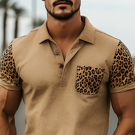 Men's Polo Shirt | Retro Western Style | Leopard Print | Suede Stitching | Slim Fit | Short-Sleeved | Spring Summer Fashion