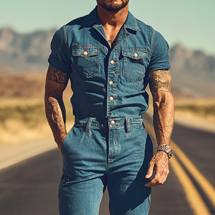 Men's Premium Denim Jumpsuit | Retro Western Cowboy Style | Summer Fashion | High-Quality Fabric | Pointed Yokes | Snap Buttons | Tailored Fit | Versatile Styling | Durable & Lightweight | Practical Design