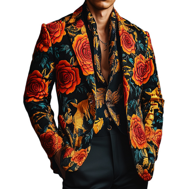 Men's Luxury Satin Blazer | Retro Western Cowboy Style | Rose Print | Tailored Notch Lapel | Long Sleeve | Sizes S to 3XL | Vintage Charm | Elegant Shiny Finish | Perfect for Parties & Fashion Shows