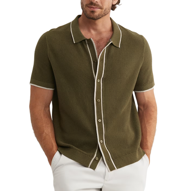 Men's Contrast Knit Lapel | Slim Fit Short Sleeve Shirt Sweater | Casual Single Breasted Polo Style | Stylish Modern Wear | Comfortable Knit Fabric | Versatile for Smart-Casual Outfits