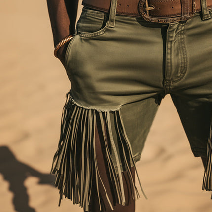 Men's Denim Fringe Shorts | Western Cowboy Style | Premium Quality | Comfortable Fit | Mid-Rise Waist | Above Knee Length | Multiple Pockets | Rugged Modern Design | Casual Wardrobe Essential | Sizes S to 3XL