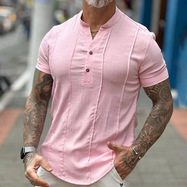Men's Casual Shirt | Solid Cotton Linen Blend | Henley Collar | Short Sleeve | Breathable Lightweight Design | Button Placket | Regular Fit | Summer Outdoor Wear | Versatile and Comfortable