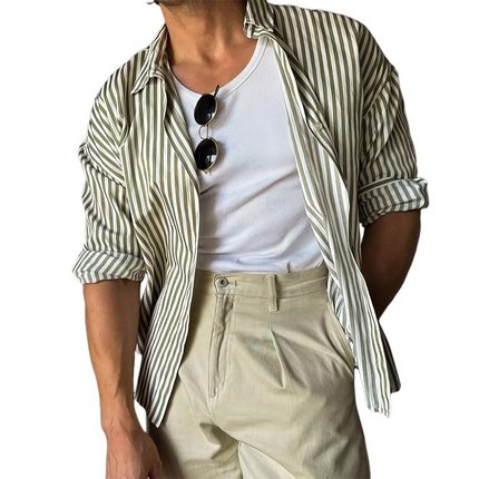 Men's Long Sleeve Shirt | Green Vertical Stripes | Button-Down Collar | Cotton Blend | Casual to Semi-Formal | Regular Fit | Adjustable Cuffs | Machine Washable
