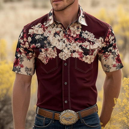 Men's Floral Print Western Cowboy Shirt | Retro Style | Short Sleeve | Lapel Collar | Cotton Blend | Casual Everyday Wear | Vintage Inspired | Perfect for Spring and Summer | Multiple Sizes Available