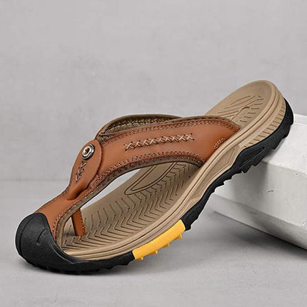 Men's Protective Toe Slip-On Flip-Flops | Vintage Leather Upper | Anti-Collision Toe Cap | Durable Rubber Outsole | Non-Slip Sole | Beach Vacation Essentials