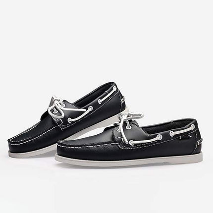 Men's Leather Moc-Toe Boat Shoes | 360° Lacing System | Rustproof Eyelets | Contrast Stitching | Flexible Outsole | Casual Cool Style | Timeless Appeal