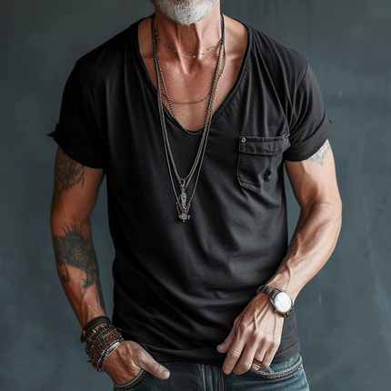 Men's V Neck Short Sleeve T-Shirt | Cotton Casual Top with Cargo Breast Pocket | Comfortable Regular Fit | Soft & Breathable | Versatile for Everyday Wear