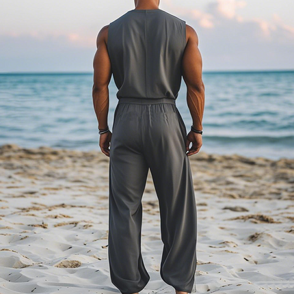 Men's Jumpsuit | Summer Fashion | Hawaiian Style | Cotton Linen Blend | Deep V-Neck | Wooden Buckle Detail | Elastic Leg Openings | Beach Vacation | Casual Outing | Breathable Comfortable One-Piece