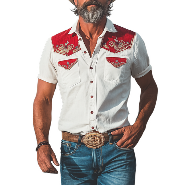 Men's Retro Western Cowboy Shirt | Cotton Linen Blend | Slim Fit | Lapel Collar | Embroidery Detail | Short Sleeves | Spring Summer Fashion | Comfort & Style | Breathable Fabric | Smart-Casual Edge
