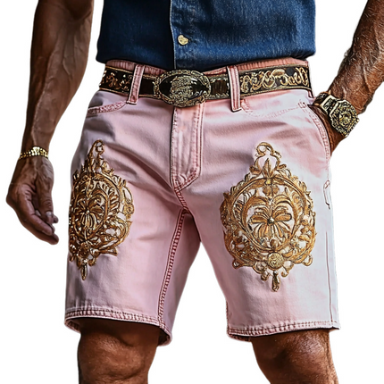 Men's Vintage Style Denim Shorts | Retro Embroidered | Straight-Leg Cut | Comfortable Fit | Casual Summer Wear | Durable Fabric | Above-the-Knee Length | Regular Waistband | Belt Loops | Multiple Sizes