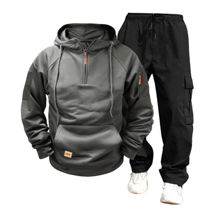 Men's Activewear Set | Hooded Sweatshirt with Long Sleeves & Kangaroo Pocket | Cotton Blend Cargo Pants with Drawstring & Multiple Pockets | Solid Color | Relaxed Fit | Ideal for Casual & Outdoor Wear