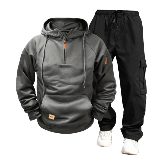 Men's Activewear Set | Hooded Sweatshirt with Long Sleeves & Kangaroo Pocket | Cotton Blend Cargo Pants with Drawstring & Multiple Pockets | Solid Color | Relaxed Fit | Ideal for Casual & Outdoor Wear