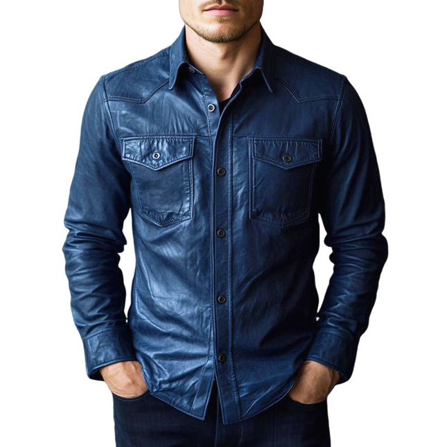 Men's Premium Leather Shirt | Dark Blue Classic Lapel | Long Sleeve Button Up | Luxury Tailored Fit | Versatile Casual to Semi-Formal Wear | Comfortable and Stylish Wardrobe Essential