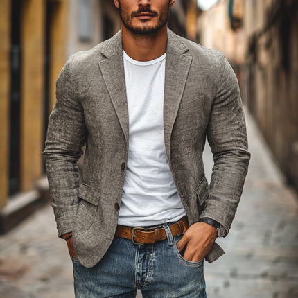 Men's Blazer | Cotton Linen Blend | Notch Lapel | Single-Breasted | Slim Fit | Casual & Dressy | Versatile Outerwear | Lightweight & Comfortable | Functional Pockets | Multiple Sizes
