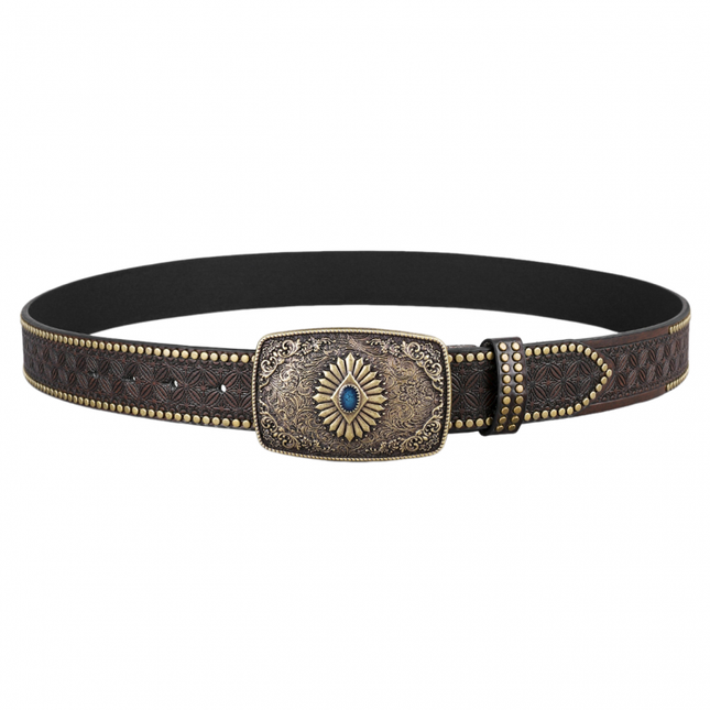 Men's Genuine Leather Belt | Vintage Western Style | Embossed Design | Metal Rivet Accents | Classic Buckle | Adjustable Size | Casual & Semi-Formal Outfit Accessory