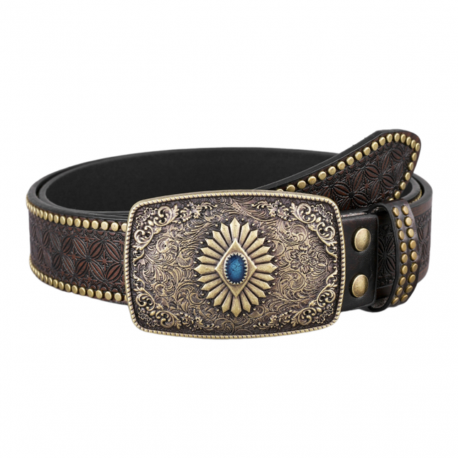 Men's Genuine Leather Belt | Vintage Western Style | Embossed Design | Metal Rivet Accents | Classic Buckle | Adjustable Size | Casual & Semi-Formal Outfit Accessory
