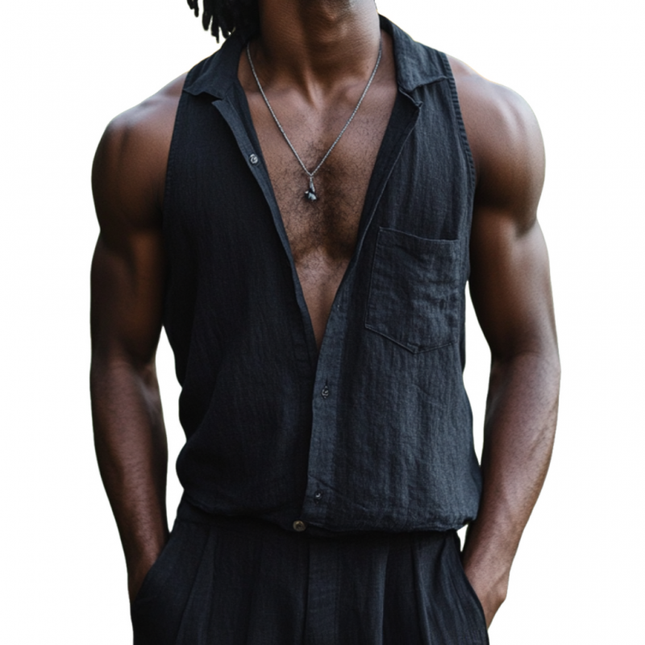 Men's Slim Fit Sleeveless Shirt | Cotton Linen Blend | Casual Lapel Collar | Breathable Summer Top | Patch Pocket Detail | Lightweight & Stylish | Versatile & Comfortable