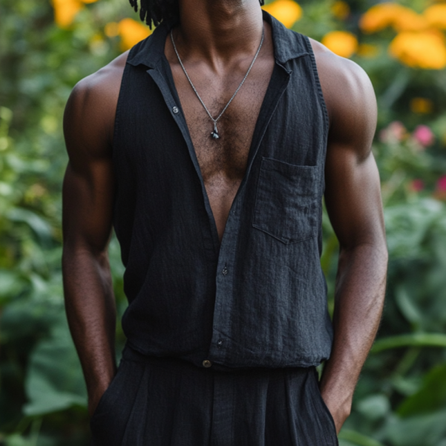 Men's Slim Fit Sleeveless Shirt | Cotton Linen Blend | Casual Lapel Collar | Breathable Summer Top | Patch Pocket Detail | Lightweight & Stylish | Versatile & Comfortable
