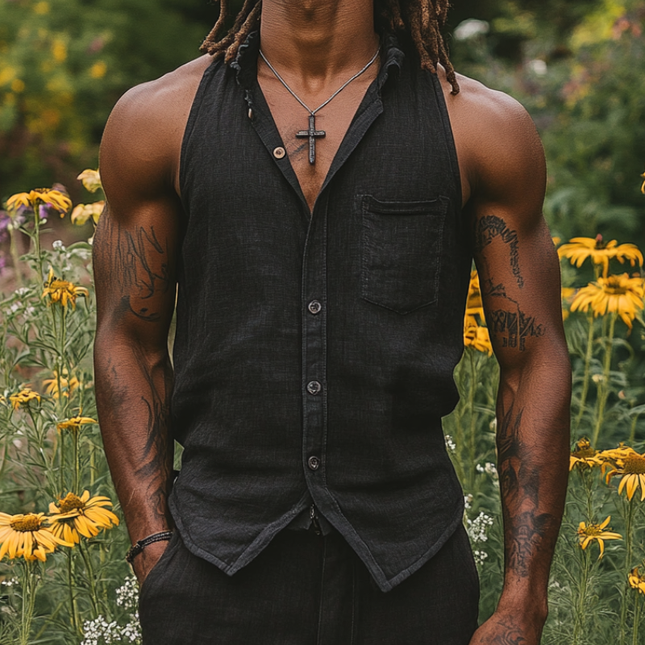 Men's Cotton Linen Slim Fit Sleeveless Shirt | Classic Lapel Collar | Patch Pocket | Casual Summer Style | Breathable & Versatile | Ideal for Beach Outings & Relaxed Gatherings | Multiple Sizes Available