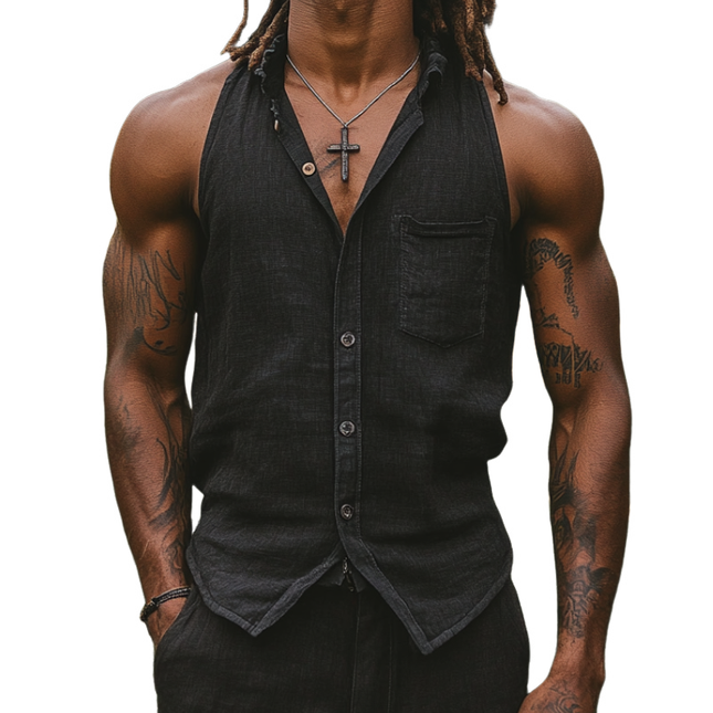 Men's Cotton Linen Slim Fit Sleeveless Shirt | Classic Lapel Collar | Patch Pocket | Casual Summer Style | Breathable & Versatile | Ideal for Beach Outings & Relaxed Gatherings | Multiple Sizes Available