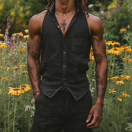 Men's Cotton Linen Slim Fit Sleeveless Shirt | Classic Lapel Collar | Patch Pocket | Casual Summer Style | Breathable & Versatile | Ideal for Beach Outings & Relaxed Gatherings | Multiple Sizes Available