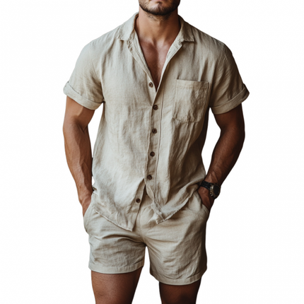 Men's Linen Shirt and Shorts Set | Casual Lapel Short Sleeve Top with Elastic Waist | Breathable Summer Outfit | Lightweight Linen | Practical Pockets | Versatile Styling | Available in Multiple Sizes