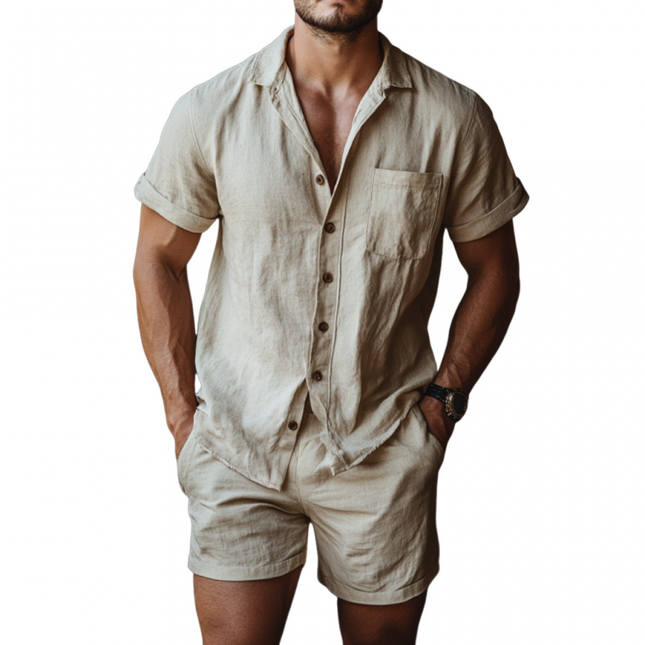 Men's Linen Shirt and Shorts Set | Casual Lapel Short Sleeve Top with Elastic Waist | Breathable Summer Outfit | Lightweight Linen | Practical Pockets | Versatile Styling | Available in Multiple Sizes