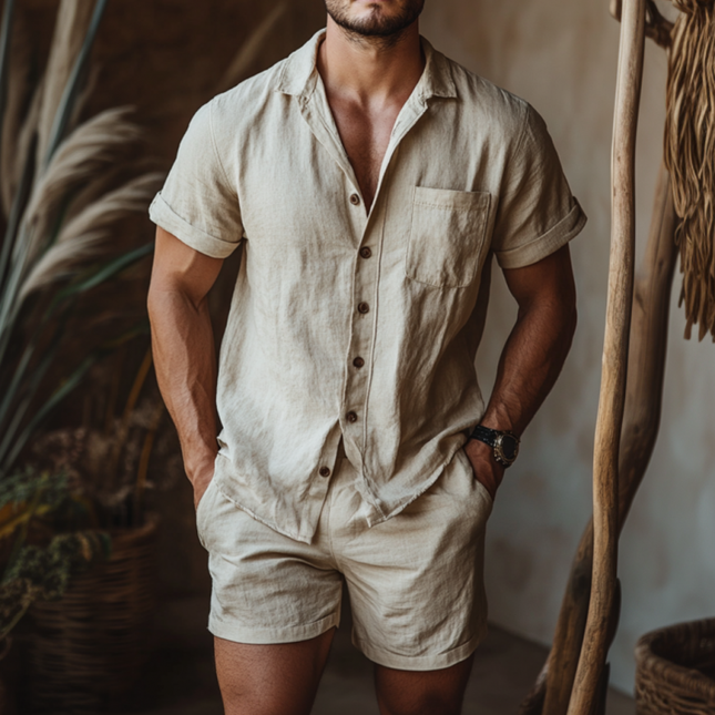 Men's Linen Shirt and Shorts Set | Casual Lapel Short Sleeve Top with Elastic Waist | Breathable Summer Outfit | Lightweight Linen | Practical Pockets | Versatile Styling | Available in Multiple Sizes