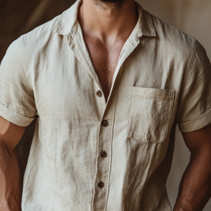 Men's Linen Shirt and Shorts Set | Casual Lapel Short Sleeve Top with Elastic Waist | Breathable Summer Outfit | Lightweight Linen | Practical Pockets | Versatile Styling | Available in Multiple Sizes