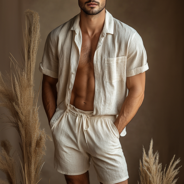 Men's Summer Linen Set | Casual Lapel Shirt & Loose Shorts | Lightweight & Breathable | Elastic Waist | Short-Sleeved | Relaxed Fit | Versatile Styling | Ideal for Beach or Casual Outings