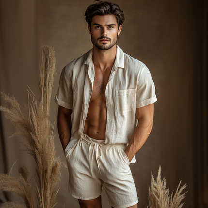 Men's Summer Linen Set | Casual Lapel Shirt & Loose Shorts | Lightweight & Breathable | Elastic Waist | Short-Sleeved | Relaxed Fit | Versatile Styling | Ideal for Beach or Casual Outings