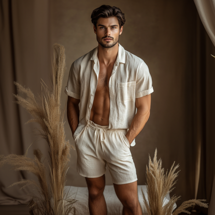 Men's Summer Linen Set | Casual Lapel Shirt & Loose Shorts | Lightweight & Breathable | Elastic Waist | Short-Sleeved | Relaxed Fit | Versatile Styling | Ideal for Beach or Casual Outings