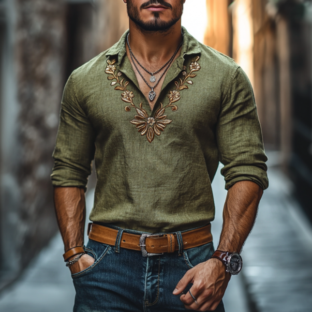 Men's Linen Floral Embroidery Shirt | Long Sleeve | Slim Fit | Casual Elegant Style | Lapel Collar | Breathable Fabric | Versatile Colors | Stylish Wardrobe Essential