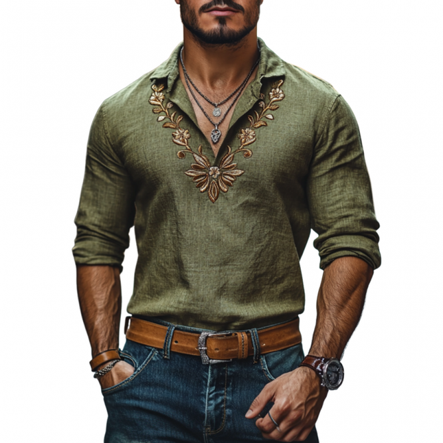 Men's Linen Floral Embroidery Shirt | Long Sleeve | Slim Fit | Casual Elegant Style | Lapel Collar | Breathable Fabric | Versatile Colors | Stylish Wardrobe Essential