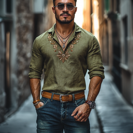 Men's Linen Floral Embroidery Shirt | Long Sleeve | Slim Fit | Casual Elegant Style | Lapel Collar | Breathable Fabric | Versatile Colors | Stylish Wardrobe Essential