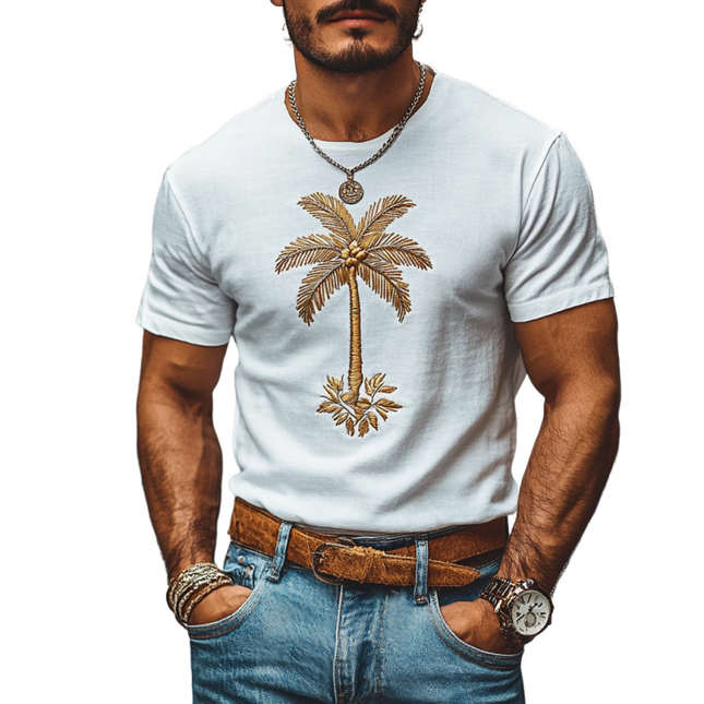 Men's Slim Fit T-Shirt | Coconut Tree Embroidery | Cotton | Casual Round Neck | Short Sleeve | Breathable Fabric