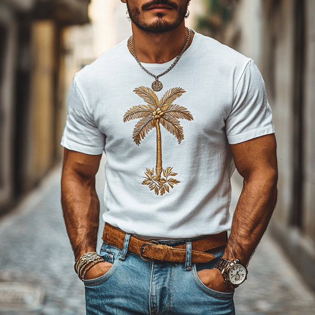Men's Slim Fit T-Shirt | Coconut Tree Embroidery | Cotton | Casual Round Neck | Short Sleeve | Breathable Fabric