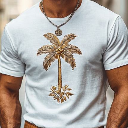 Men's Slim Fit T-Shirt | Coconut Tree Embroidery | Cotton | Casual Round Neck | Short Sleeve | Breathable Fabric