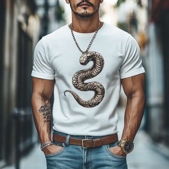 Men's Slim Fit T-Shirt | Snake Embroidery | Casual Round Neck | Cotton Short Sleeve | Edgy Style | Comfortable Everyday Wear | Versatile Fashion | Premium Quality Fabric | Bold Design