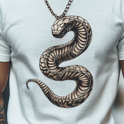 Men's Slim Fit T-Shirt | Snake Embroidery | Casual Round Neck | Cotton Short Sleeve | Edgy Style | Comfortable Everyday Wear | Versatile Fashion | Premium Quality Fabric | Bold Design