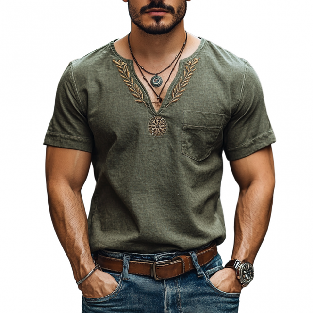 Men's Cotton Linen T-shirt | V-neck | Embroidered Patch Pocket | Short Sleeves | Casual Comfort | Breathable & Lightweight | Relaxed Fit | Versatile Style